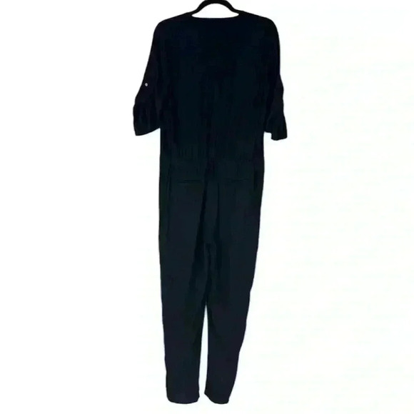 DKNY Black Zipper Pocket Drawstring Waist Roll-Tab Sleeve V Neck Jumpsuit Size 4 - Picture 5 of 16